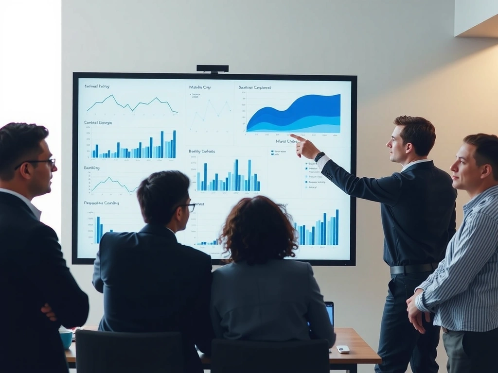 A professional setting with a team collaborating around a large screen displaying complex data visualizations and reports. People are pointing at the screen, engaged in discussion, symbolizing strategic recommendations.