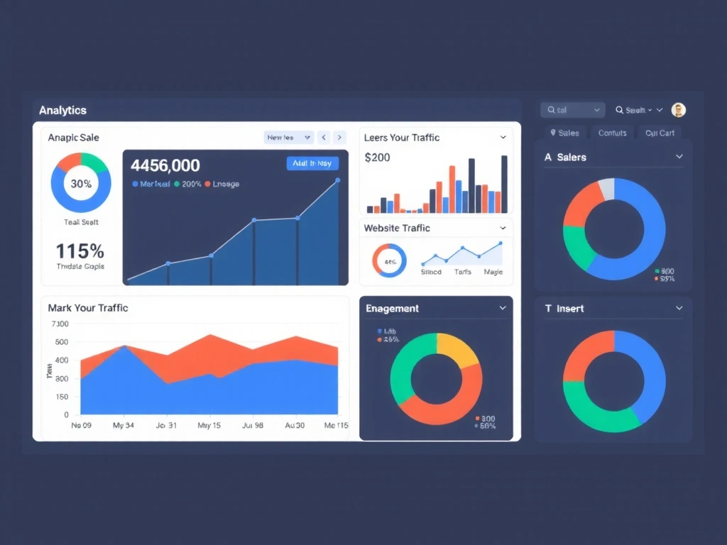 A dashboard displaying various analytics charts, graphs, and key performance indicators. The screen shows data visualization with clear, modern design, representing sales, website traffic, and user engagement.
