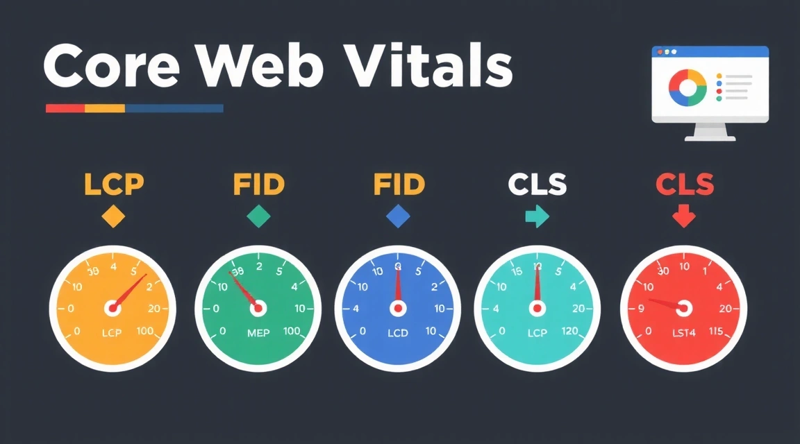 A vibrant infographic illustrating Core Web Vitals: LCP, FID, and CLS, with speedometers and user interface elements, all in a modern, clean design.