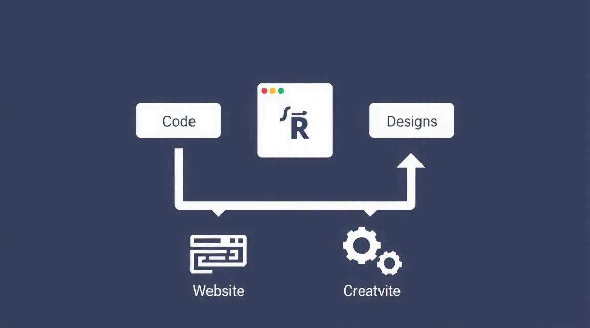 A modern diagram showing website development process with code snippets and design elements, highlighting web design and development.