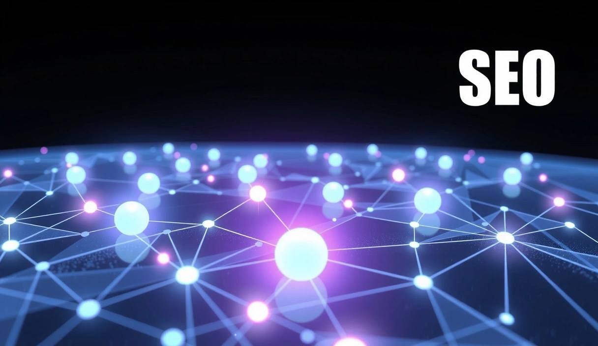 A futuristic digital landscape with glowing data points and abstract connections, symbolizing the complex and evolving nature of SEO.
