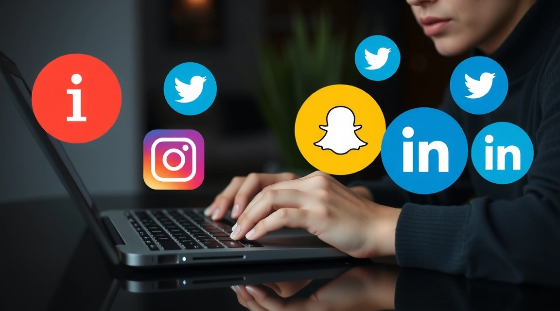 A person typing on a laptop with social media icons floating around, representing social media marketing strategies.