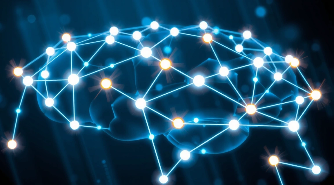 An abstract illustration of AI brain connections, symbolizing machine learning in search algorithms with data flowing through neural networks.