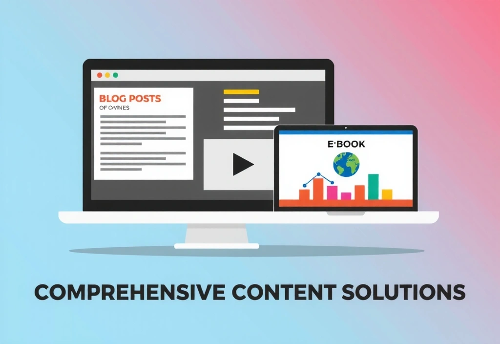 Diverse digital content types: a blog post, a video play button, an infographic, and an e-book cover, arranged aesthetically on a digital interface.