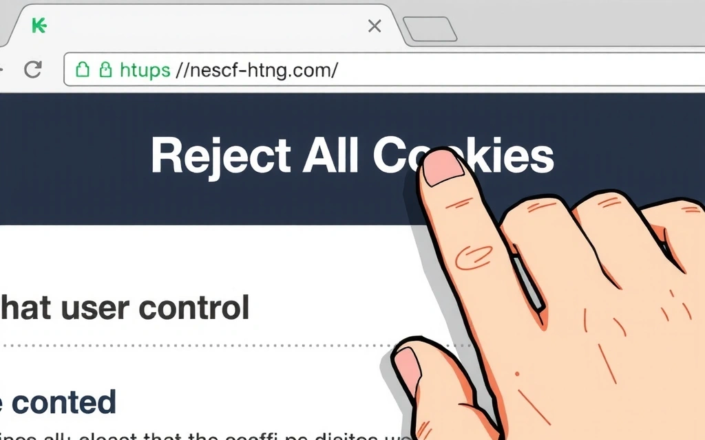Illustration of a hand clicking a 'reject all cookies' button, symbolizing user control over privacy settings.