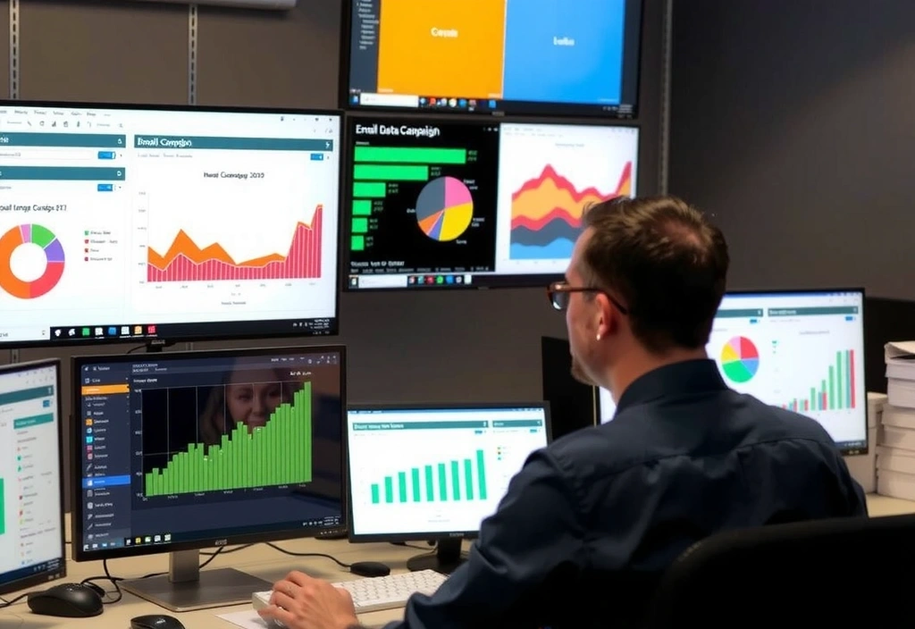 Data analyst reviewing email campaign performance reports and charts on multiple screens