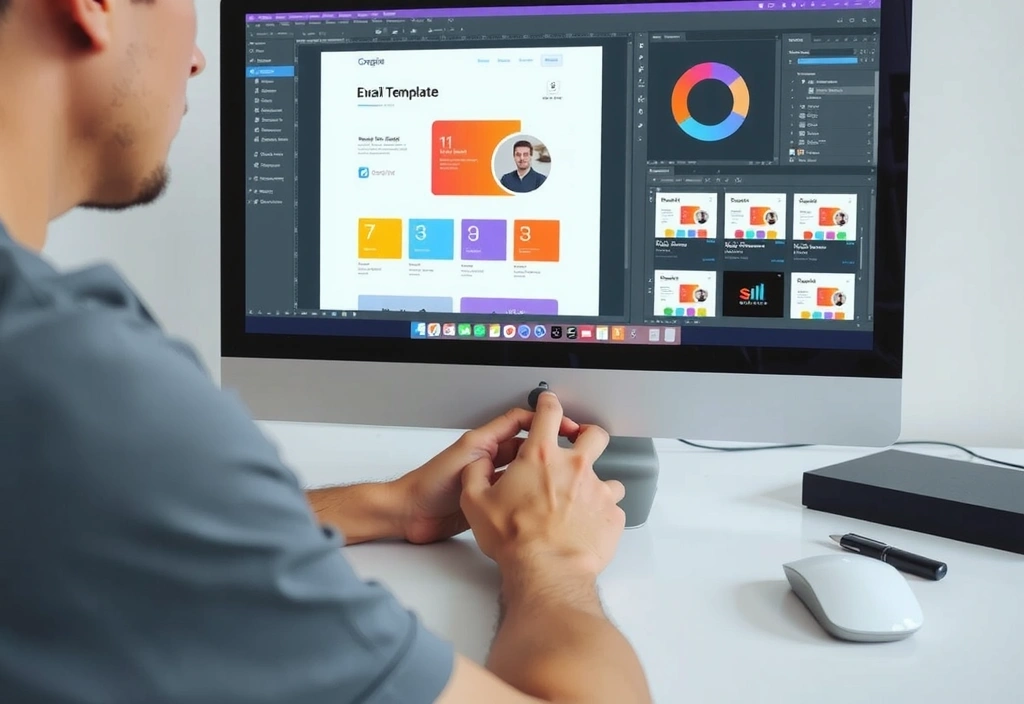 Graphic designer working on email template design on a computer, showing various design elements