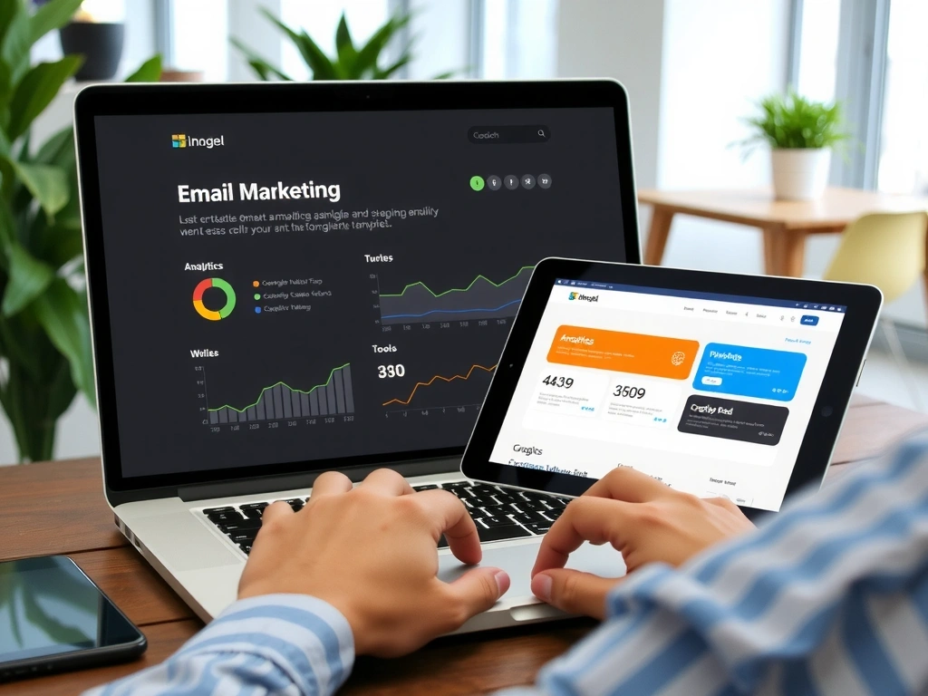 Person sending an email campaign with a laptop and tablet, showing email templates and analytics