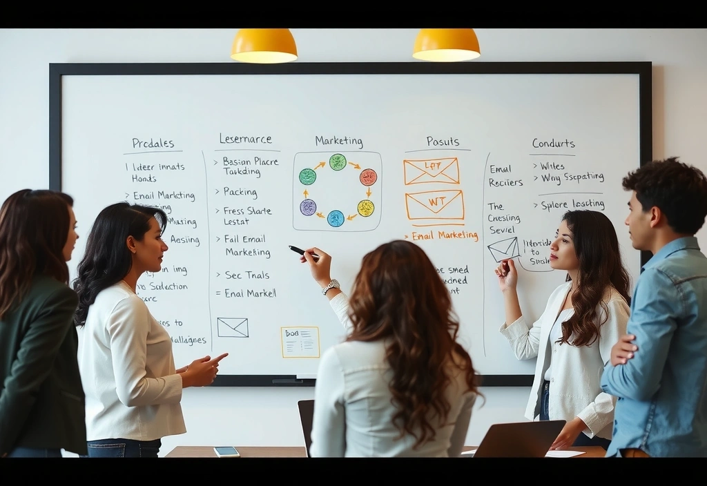 Team collaborating on email marketing strategy, brainstorming ideas on a whiteboard