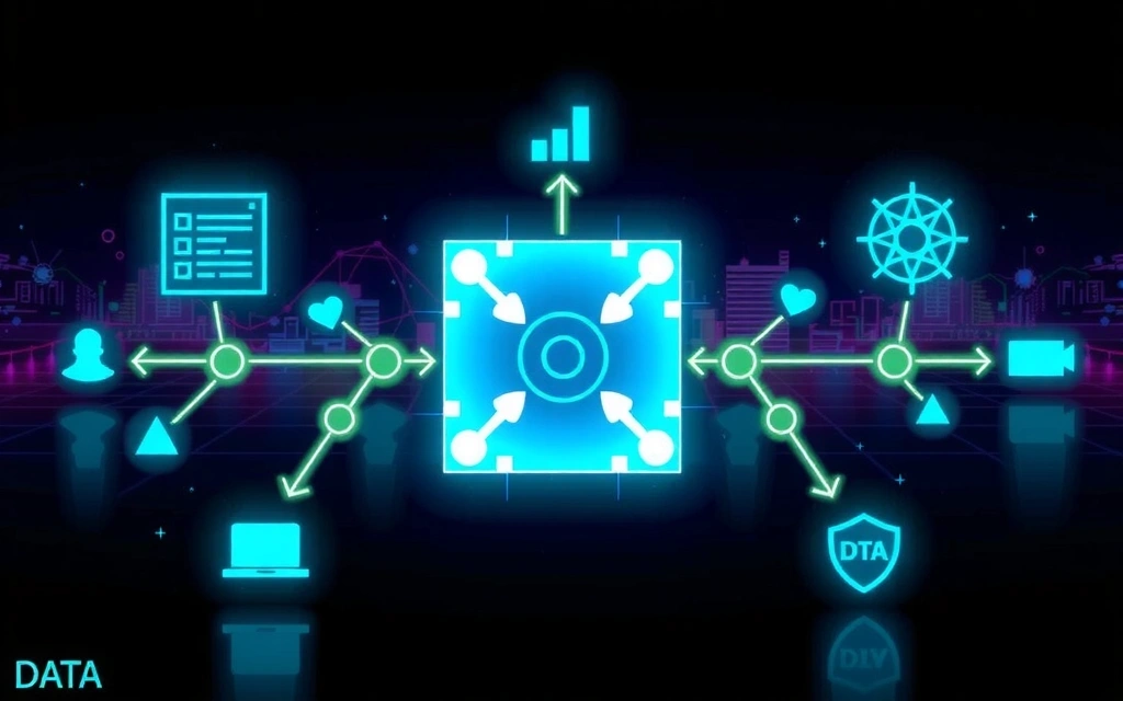 Data flow illustration with arrows and interconnected nodes