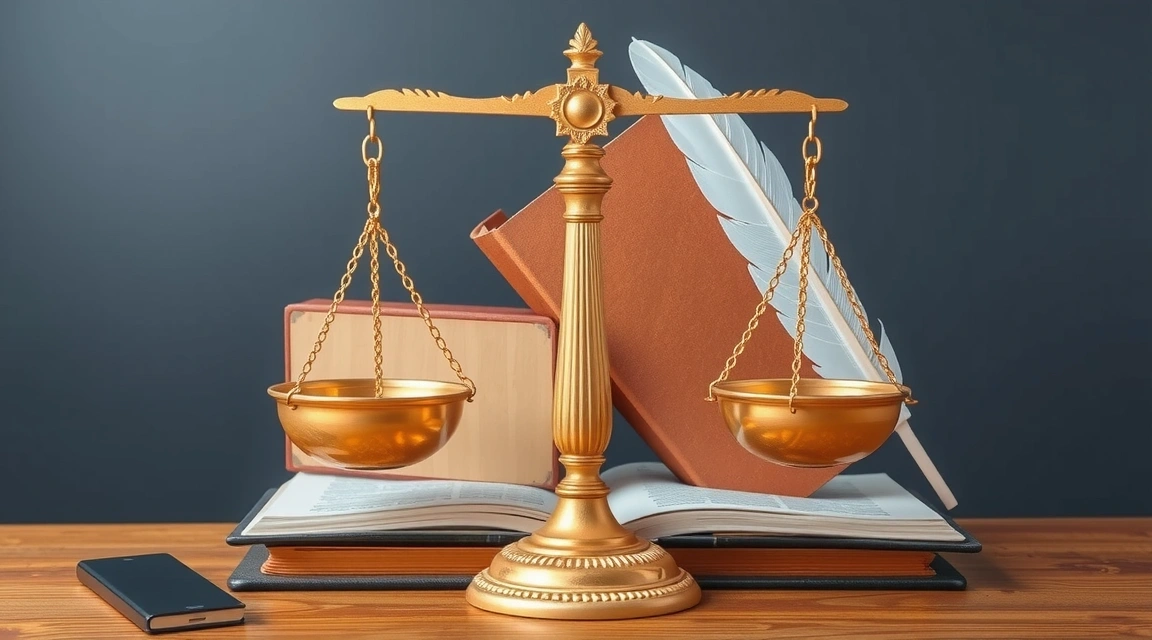 A stylized image of a balance scale and legal books representing justice and law