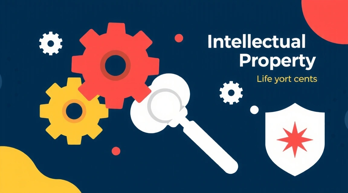 Abstract representation of intellectual property rights, with gears and legal documents