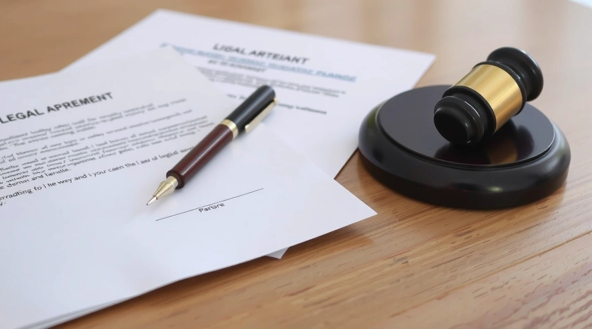 Legal documents and a gavel on a polished wooden desk, symbolizing terms and conditions