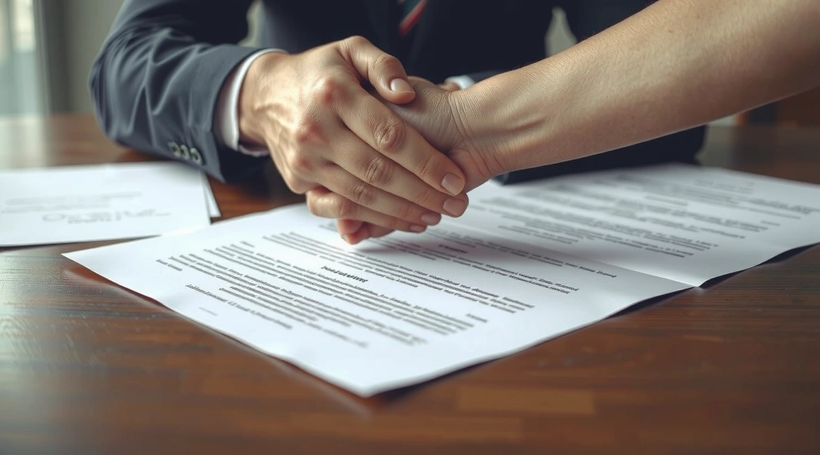 Two hands shaking over a legal document, symbolizing agreement and resolution