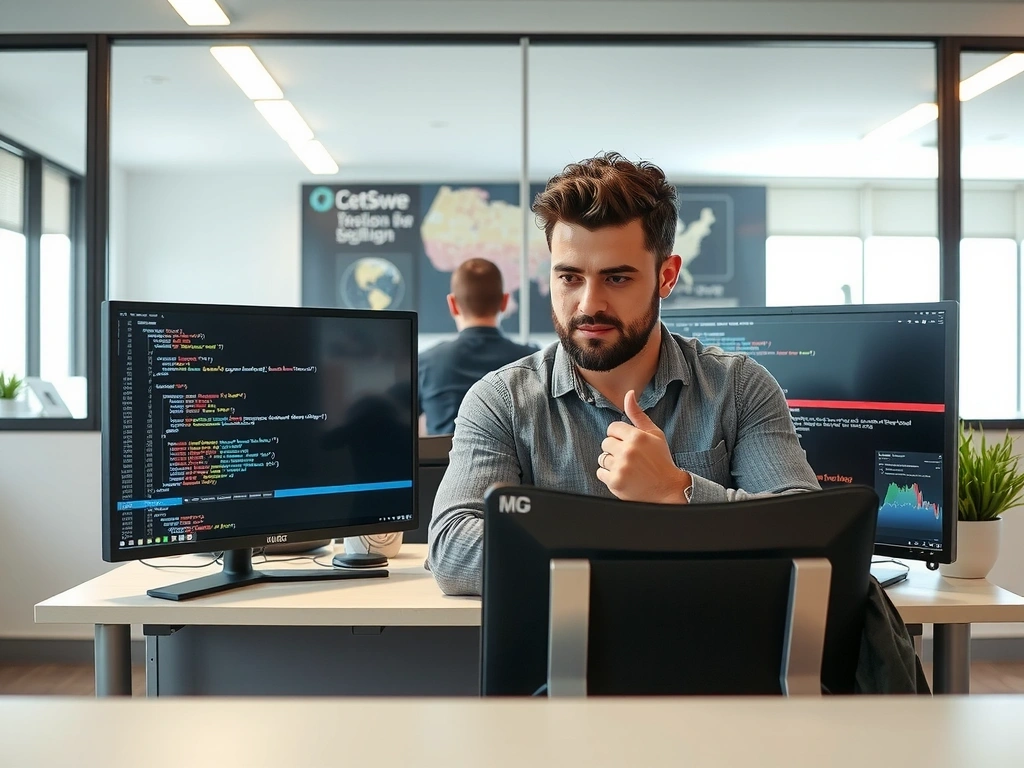 A professional web developer coding on multiple screens in a modern office environment